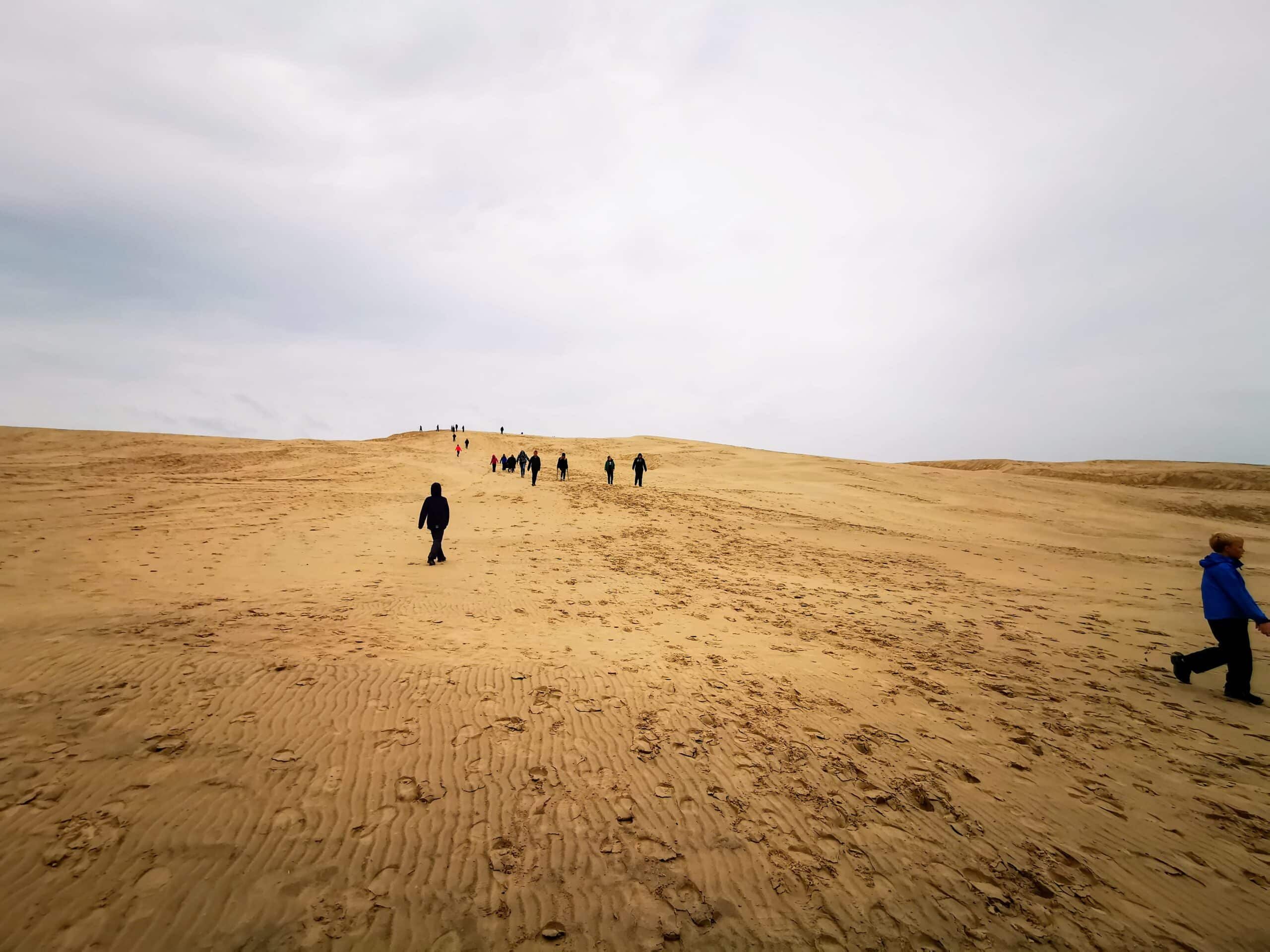 Eine Gruppe von Menschen geht an einem bewölkten Tag eine Sanddüne hinauf.