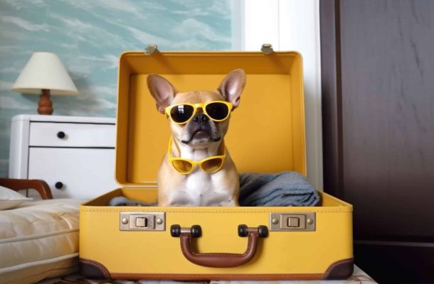 Ein Hund mit Sonnenbrille sitzt in einem gelben Koffer auf einem Bett.
