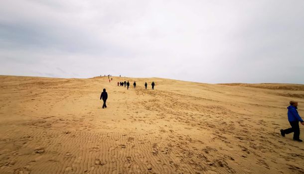 Eine Gruppe von Menschen geht an einem bewölkten Tag eine Sanddüne hinauf.