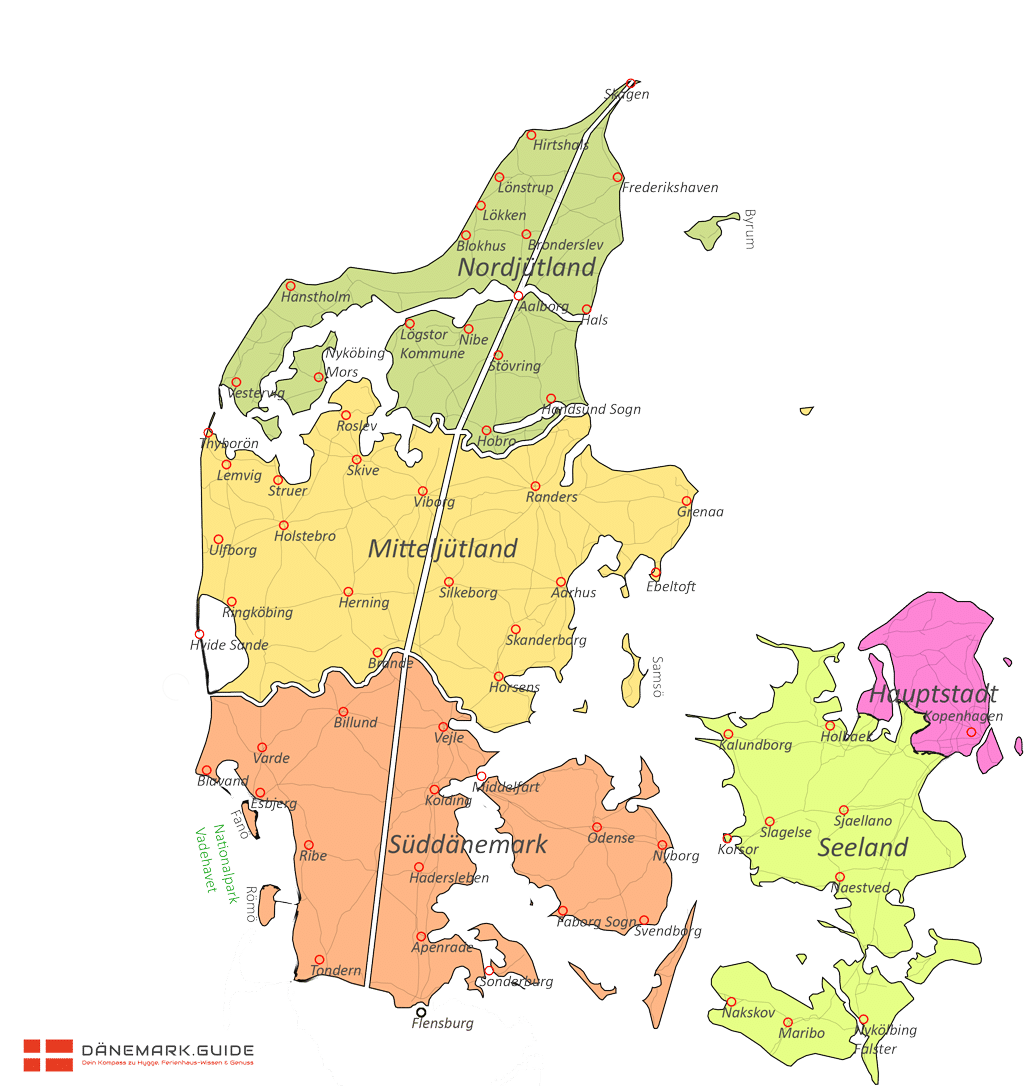 Karte von Dänemark mit den wichtigsten Orten und Regionen
