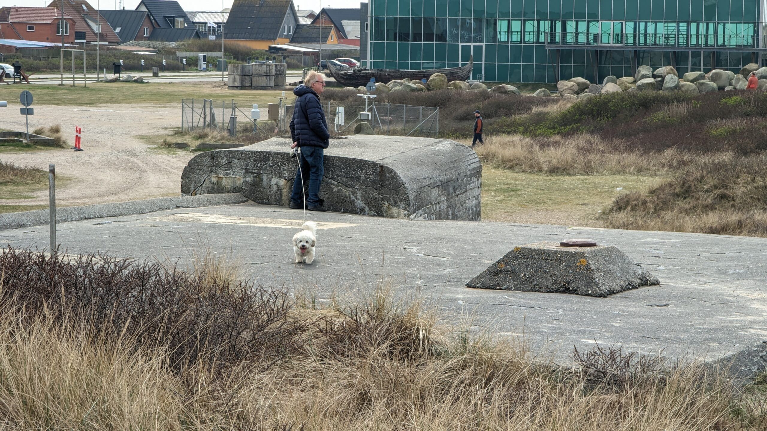 Eine Person geht mit einem Hund auf einem Betonblock spazieren.