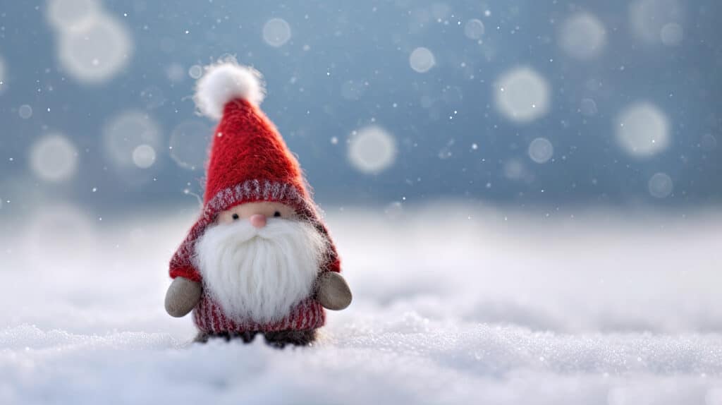 Ein kleiner Weihnachtsmann sitzt im Schnee.